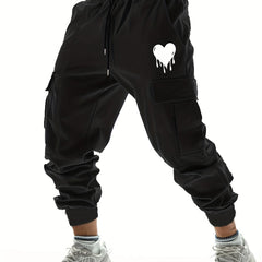 Heart Pattern Side Pockets Joggers Men's Cargo Pants