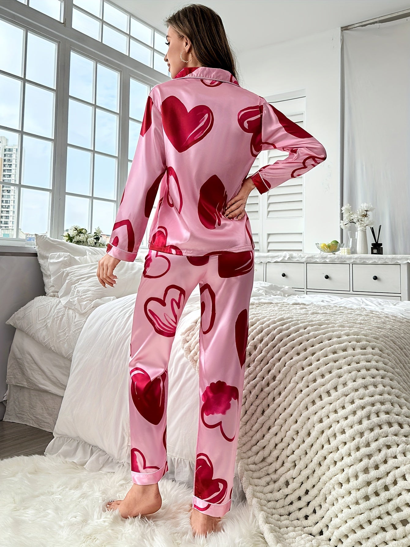 Heart Print Pajama Set Long Sleeve Buttons Top & Elastic Waistband Pants Women's