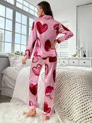 Heart Print Pajama Set Long Sleeve Buttons Top & Elastic Waistband Pants Women's