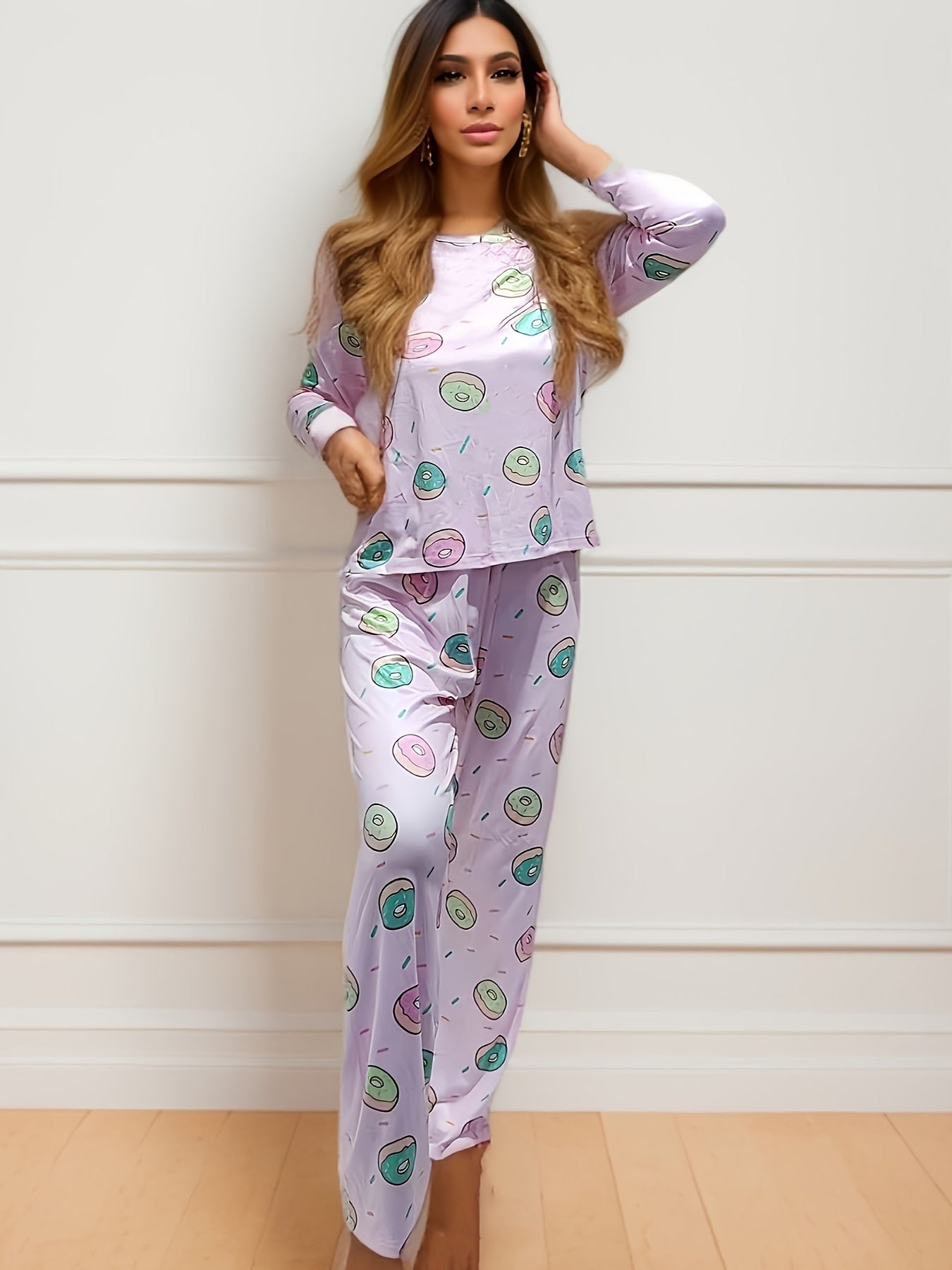 Donut Print Pajama Set Long Sleeve Crew Neck Top & Elastic Waistband Pants Women