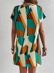 Geo Print Summer Dress Casual Short Sleeve V Neck Mini Dress