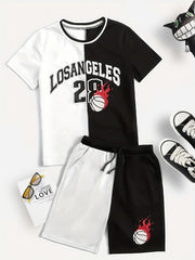 Boys Block Basketball Suit Outfit T shirt & Shorts - Casual Summer Kids Clothes