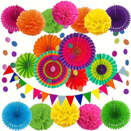 21pcs Multicolored Party Decoration Hanging Paper Fans Pom Poms Flowers Garland