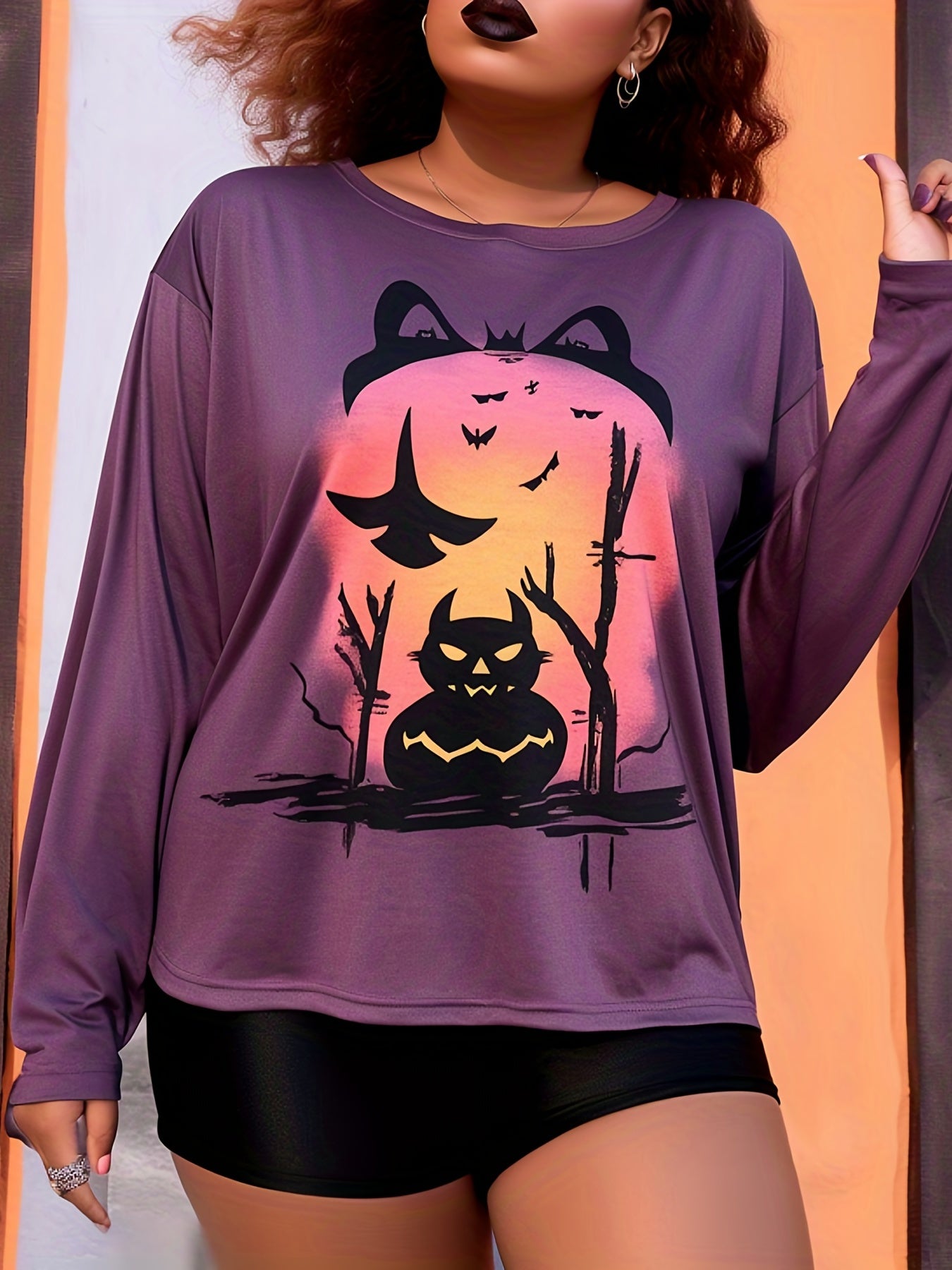 Halloween Sports Top Women's Plus Pumpkin & Bat Print Round Neck Fit