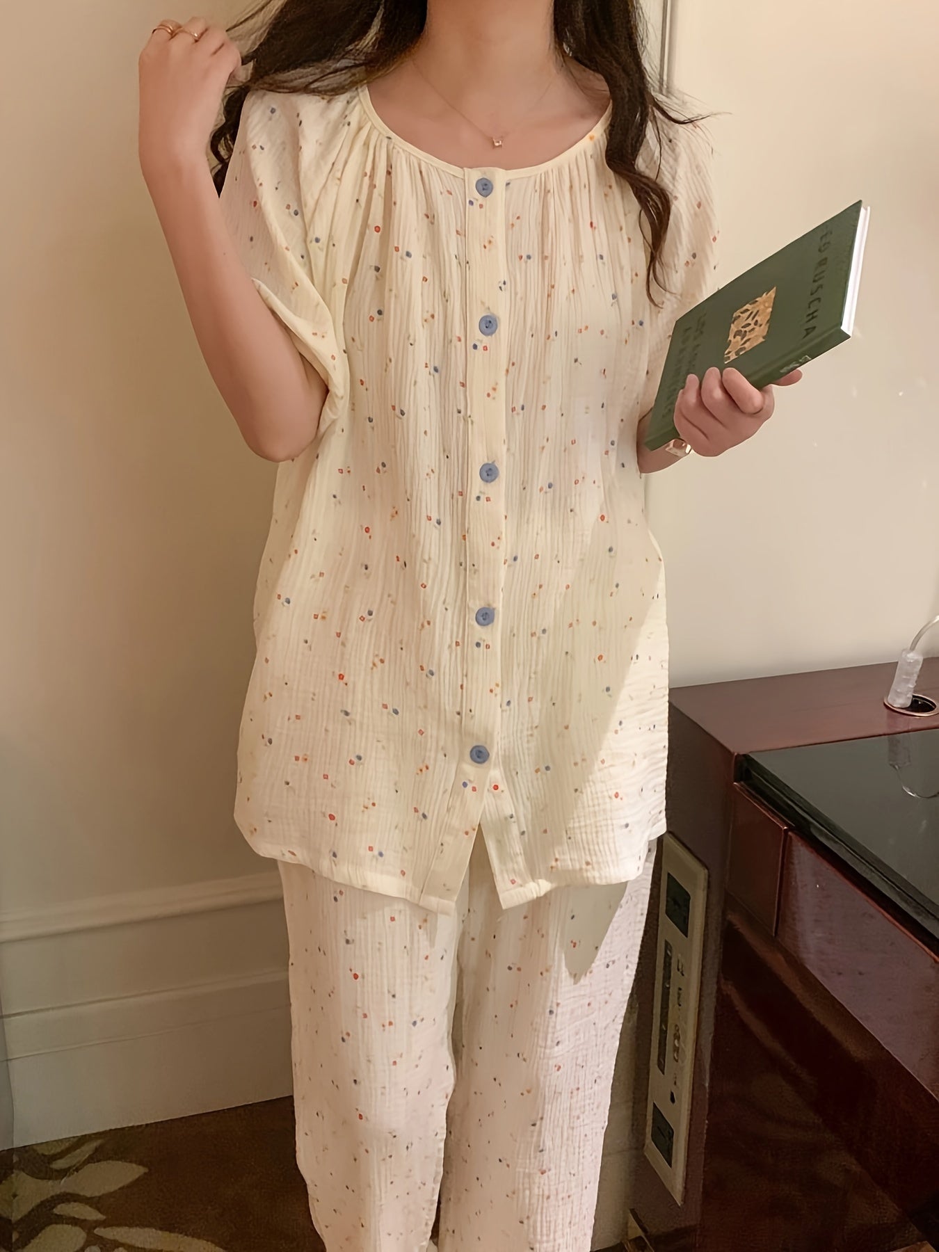 Floral Print Pajama Set Short Sleeve Button Top & Pants