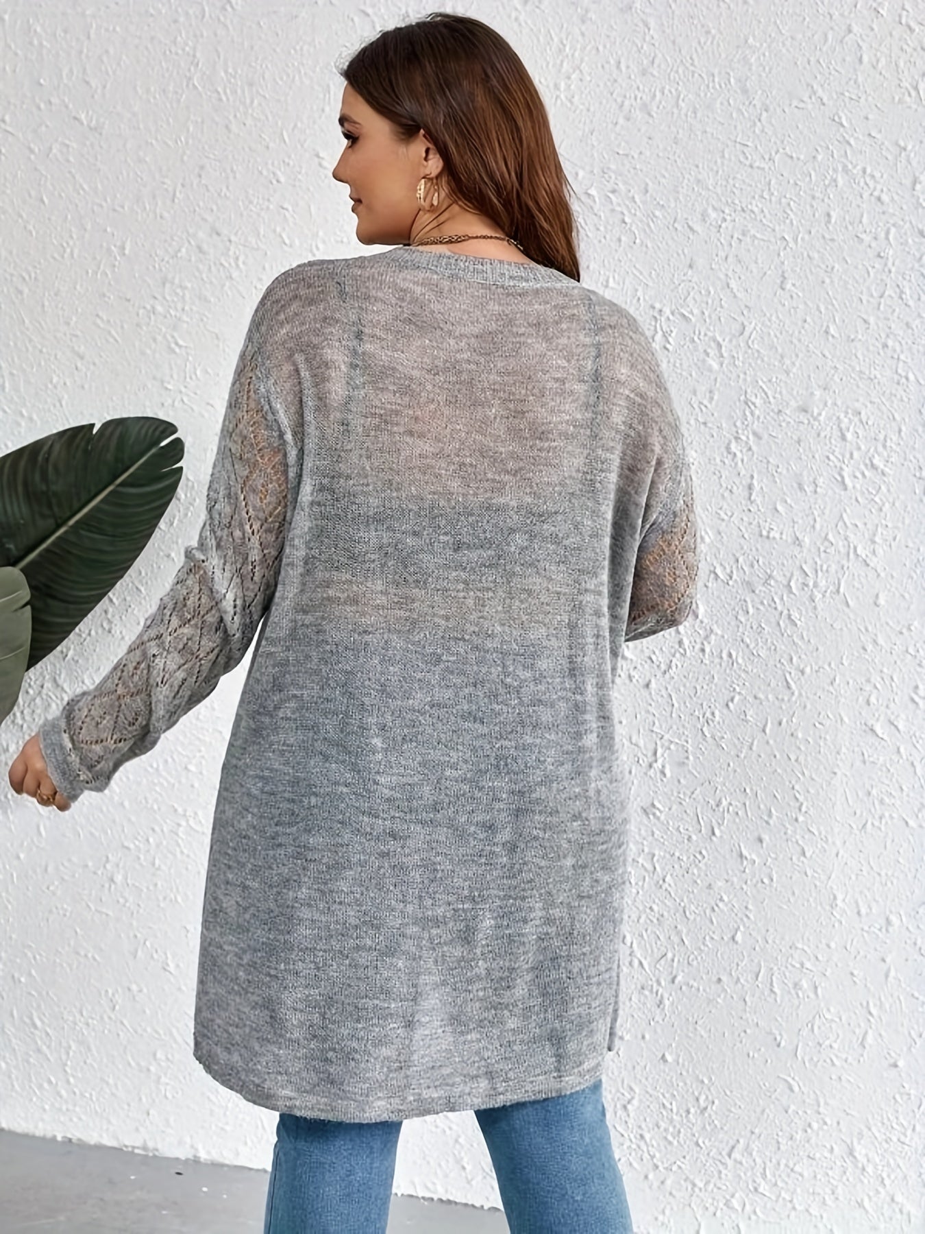 Solid Eyelet Embroidered Long Sleeve Sheer Cardigan