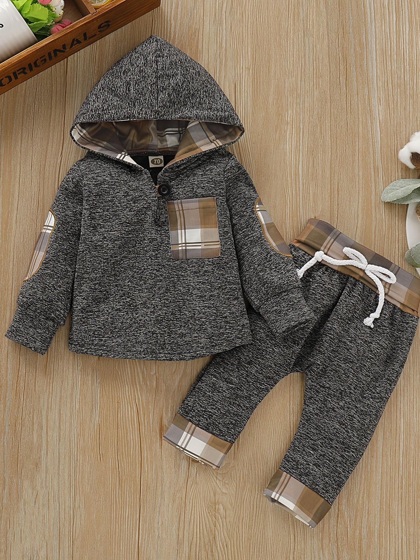 2pcs Baby Boys Plaid Hoodies & Trim Sets