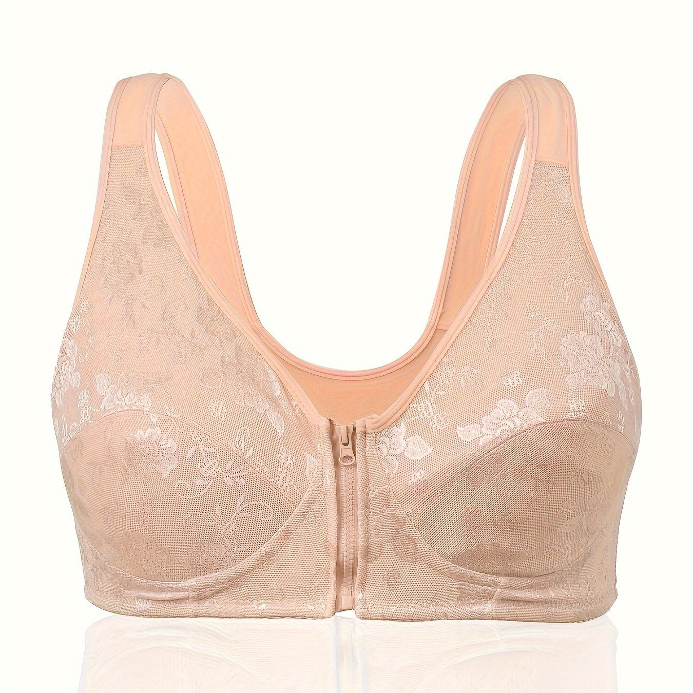 Plus Size Women's Floral Jacquard Zipper Front T-shirt Bra