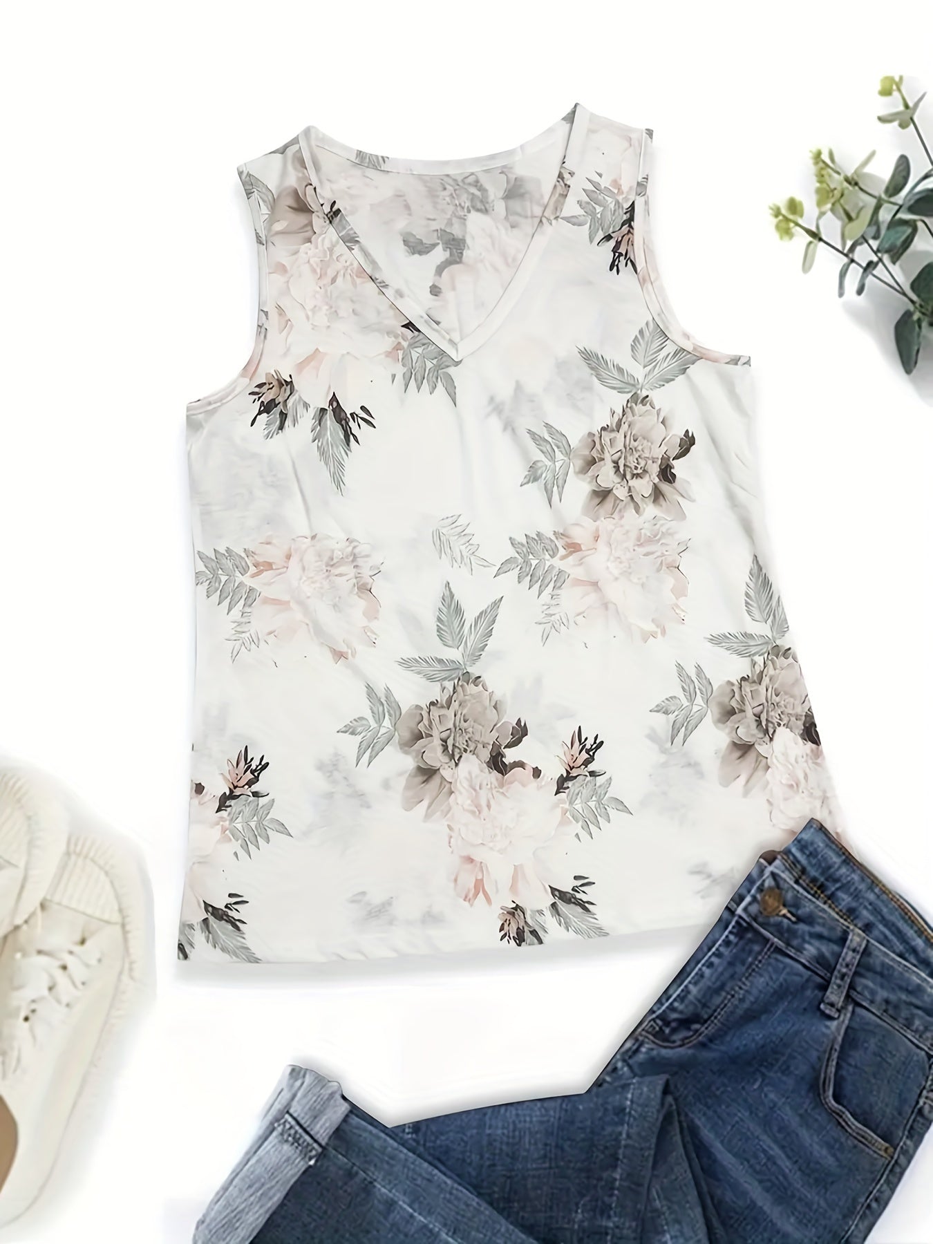Floral Tank Top V Neck Summer Sleeveless