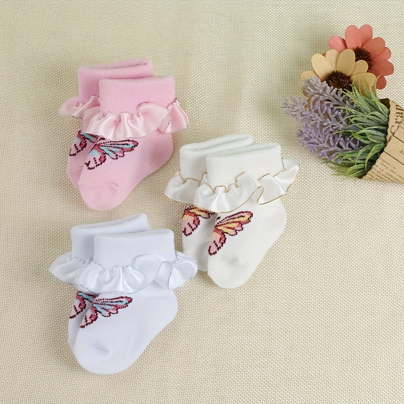 3 Pairs Baby Girl Dress Socks Butterfly Pattern Lace Ruffled Socks