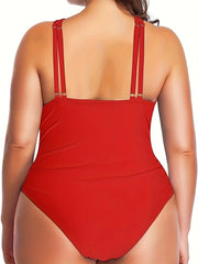 Sexy Plus Swimsuit Solid Cross Halter Ruched One Piece
