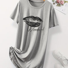 Lips & Letter Print Nightdress Middle Sleeve