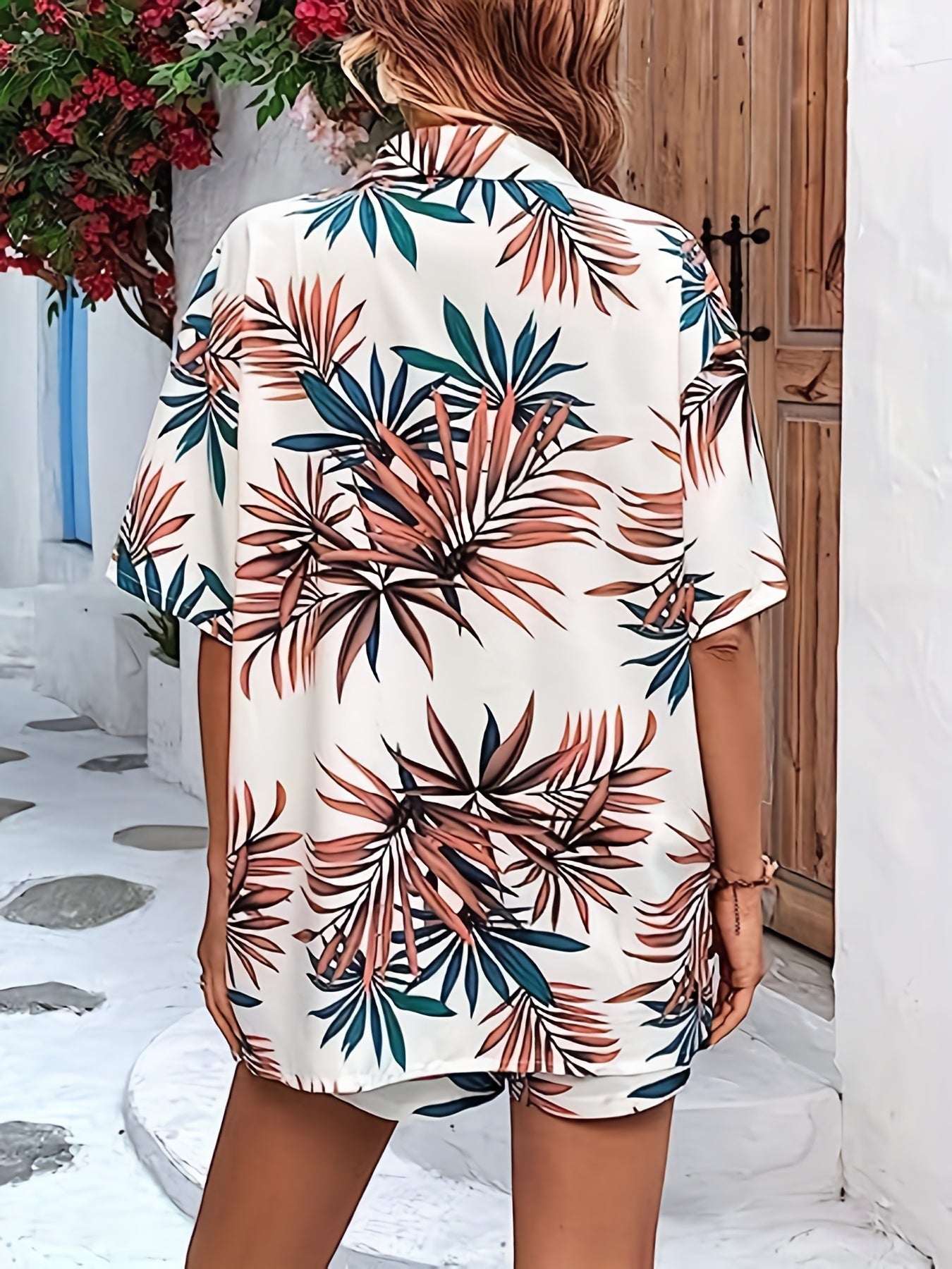 Tropical Print Vacation 2pc Set Button Front Shirt & Shorts