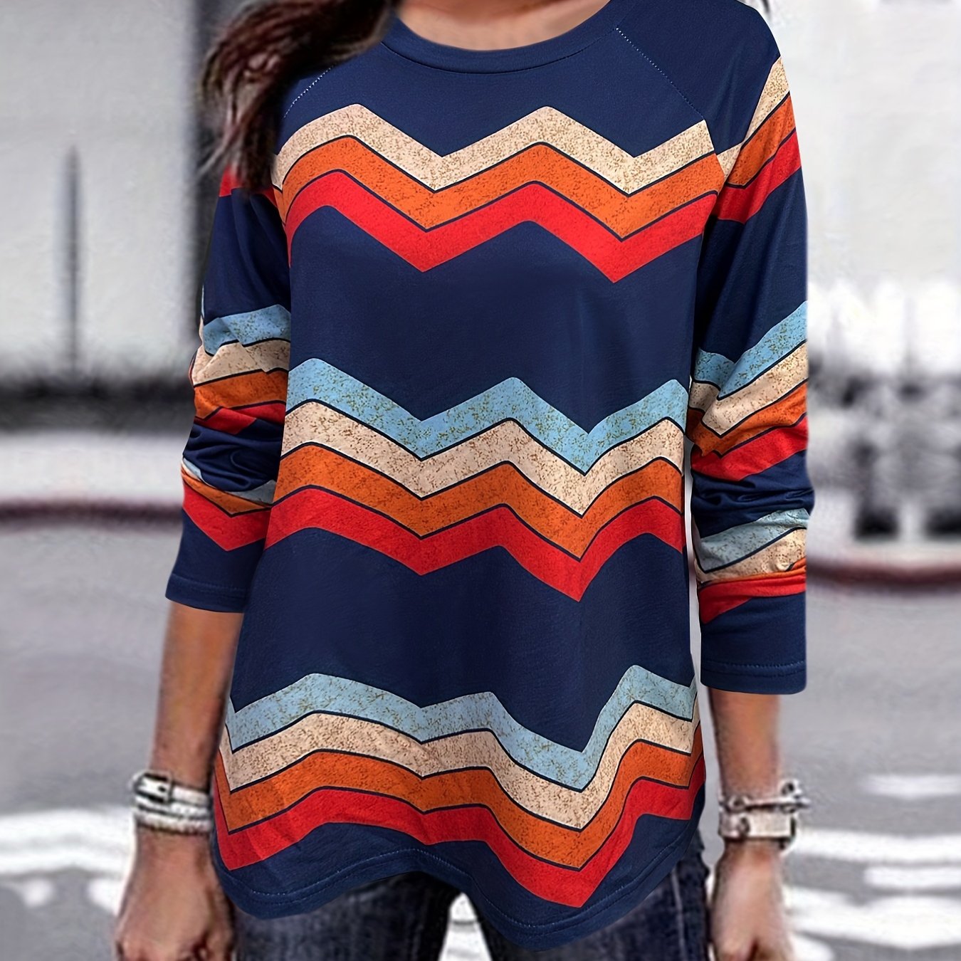 Colorblock Stripe Print Pullover Sweatshirt Long Sleeve Crew Neck