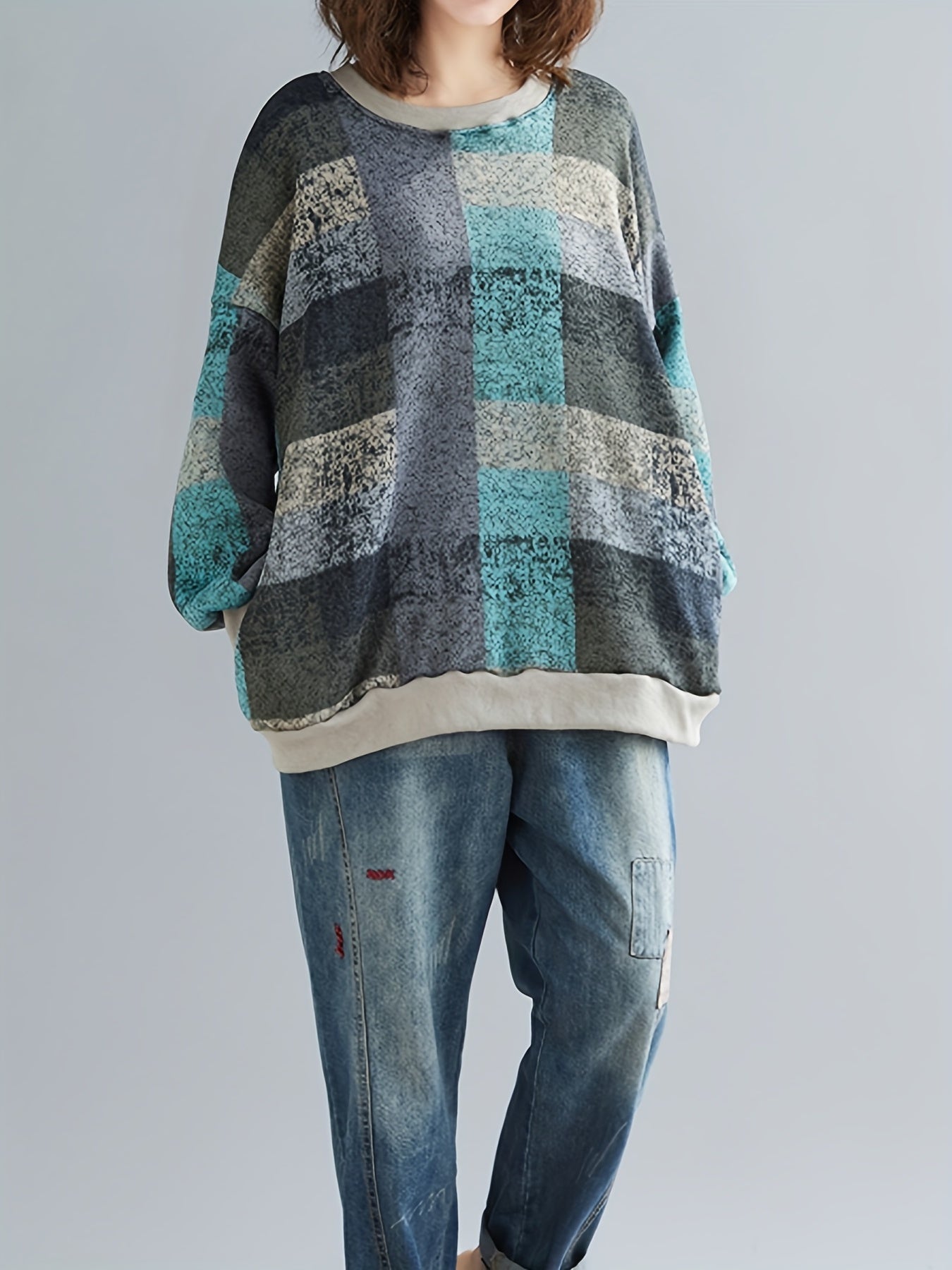 Geometric Print Crew Neck Sweatshirt Women's Clothing