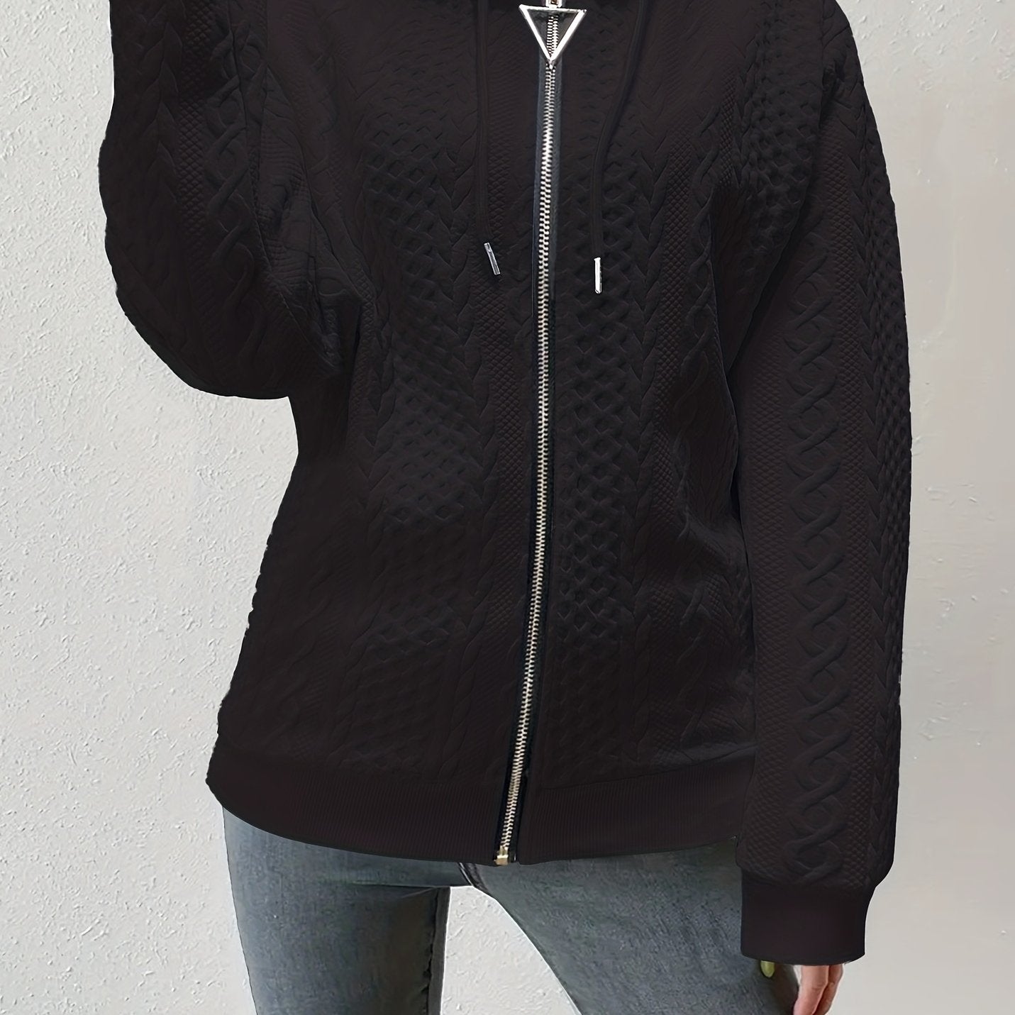 Twist Pattern Zip Up Hoodie Long Sleeve Drawstring Hoodie