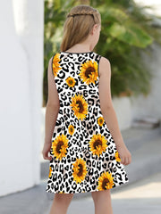 Leopard Sunflower Print Sleeveless T Shirt Dress for Girls