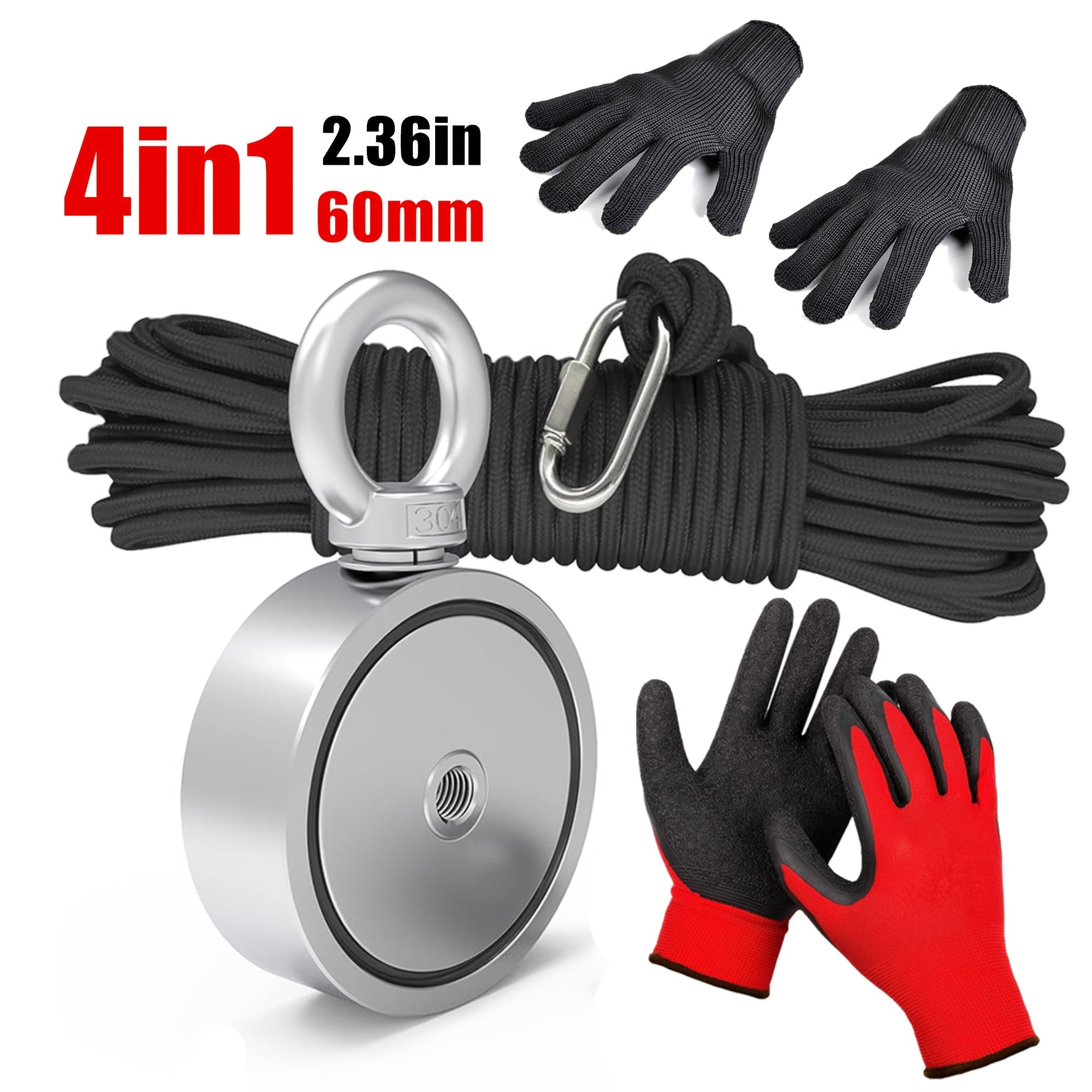 4pcs Fishing Magnet Kit - Outdoor Salvage Set With 65ft Rope, Gloves & Carabiner