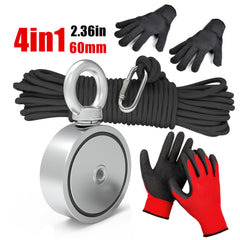 4pcs Fishing Magnet Kit - Outdoor Salvage Set With 65ft Rope, Gloves & Carabiner
