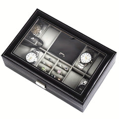 Men's 8 Digit Watch Box Ring Velvet Cover Glass Transparent Display