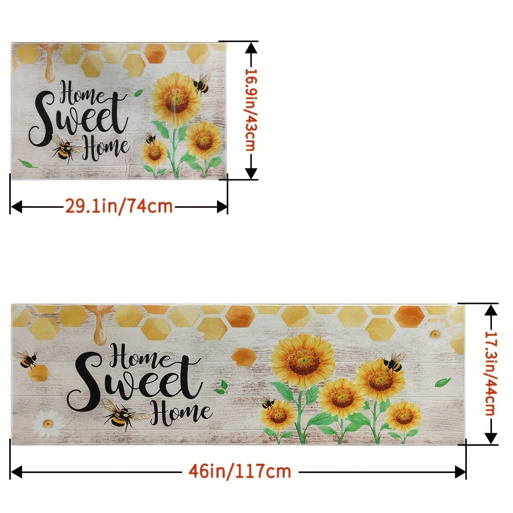 Bee Sunflower Kitchen Rug Absorbent Non Slip Stain Resistant Waterproof