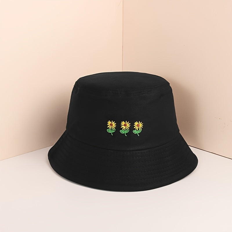 Three Flowers Embroidery Bucket Hat Solid Cotton Summer Sun Hat Women Basin Cap