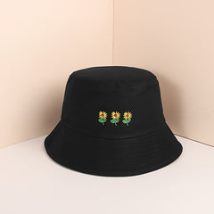 Three Flowers Embroidery Bucket Hat Solid Cotton Summer Sun Hat Women Basin Cap
