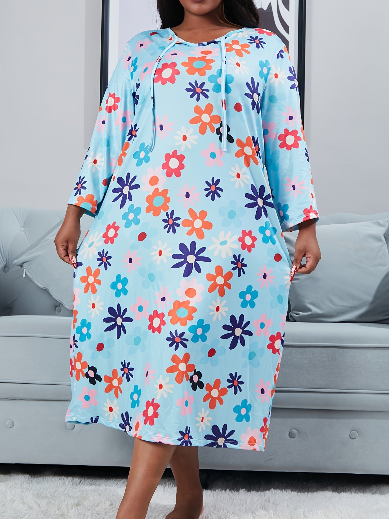 Nightdress Women's Plus Floral Print Long Sleeve Tie Neck High Stretch