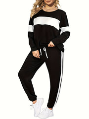 Women's Plus Stiped Long Sleeve Pullover Top & Joggers Set
