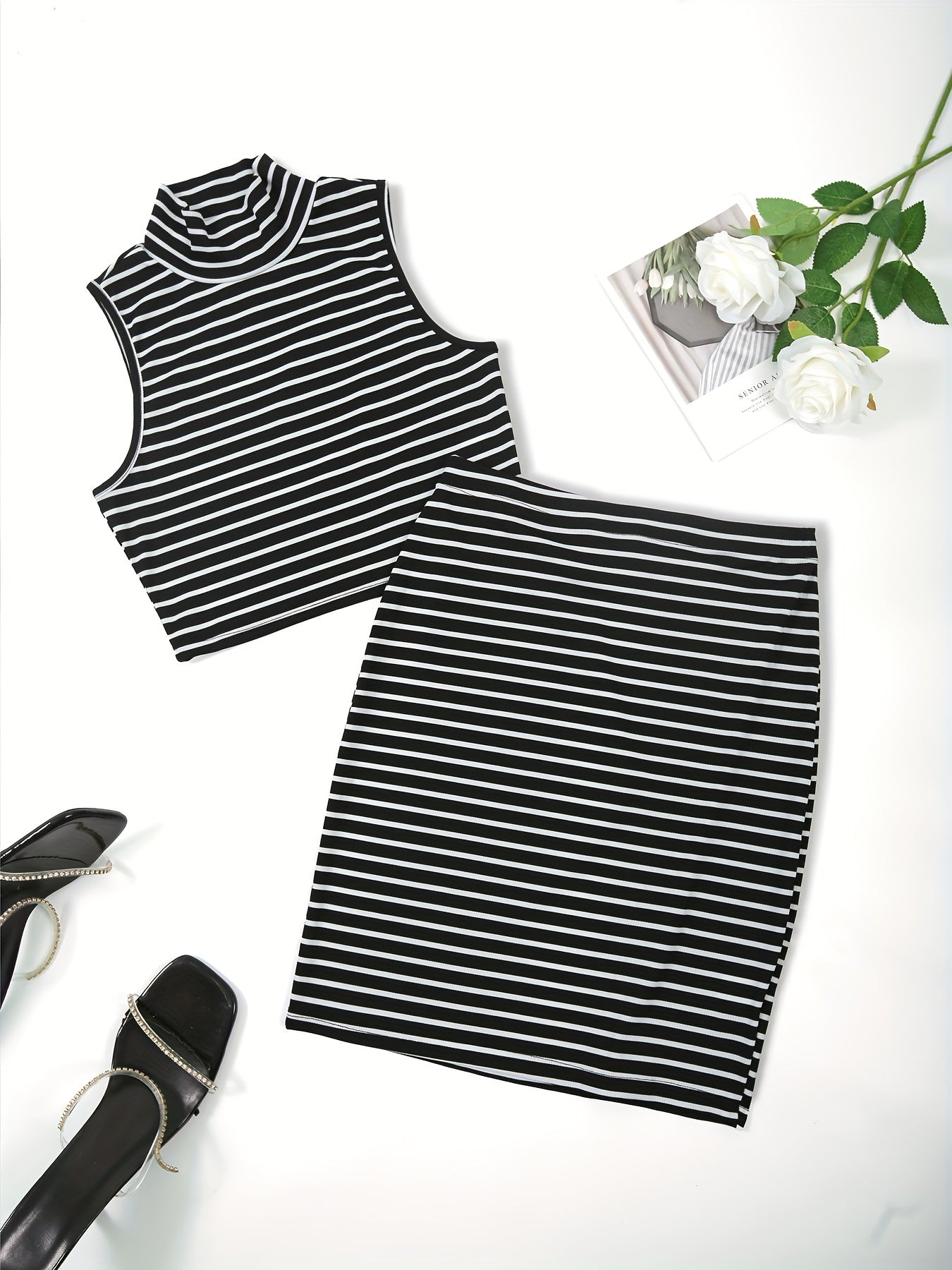 Striped Slim 2pc Skirt Set Crop Tank Top & Bodycon Skirt Outfit
