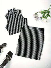 Striped Slim 2pc Skirt Set Crop Tank Top & Bodycon Skirt Outfit