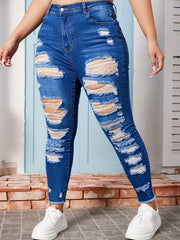 Plus Solid Button Fly Ripped Fringe Trim High Rise Skinny Jeans
