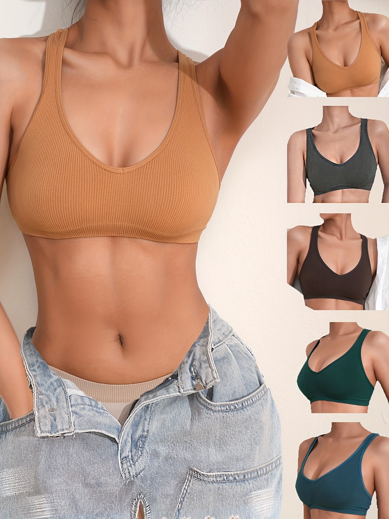 5pcs Ribbed Crop Top Sports Top Women's Underwear