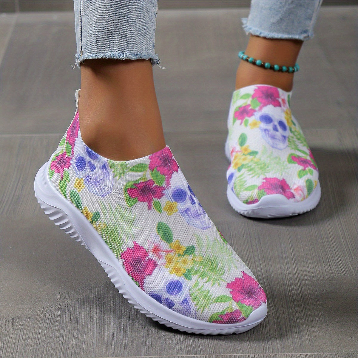 Women's Calavera Pattern Slip-On Low Round Toe Halloween Sneakers