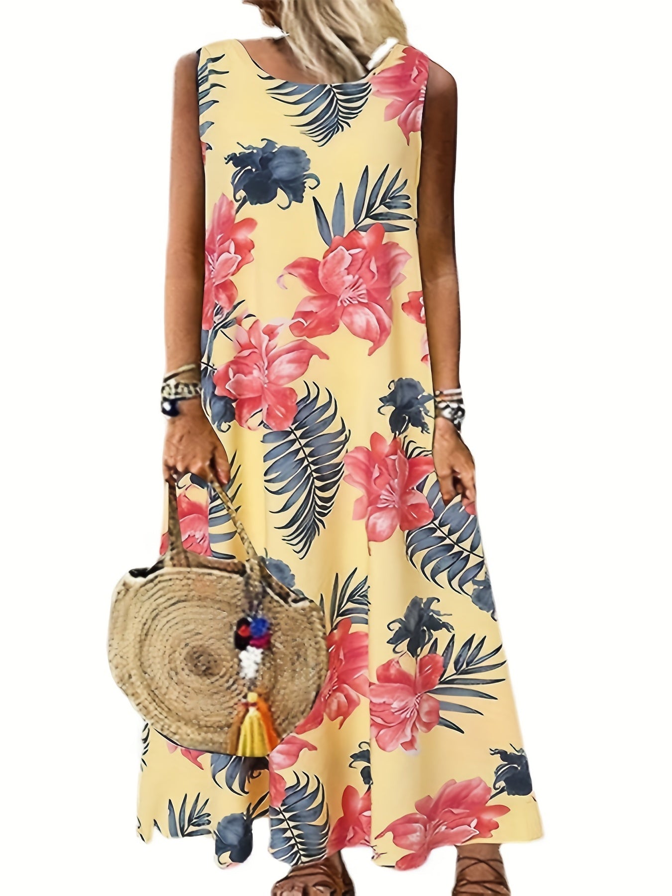 Floral Print Round Neck Maxi Tank Dress