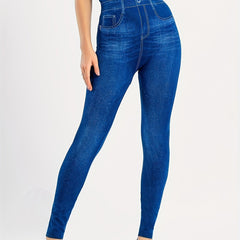 Denim Print High Waist Jeggings Slim Stretchy Casual Leggings Women