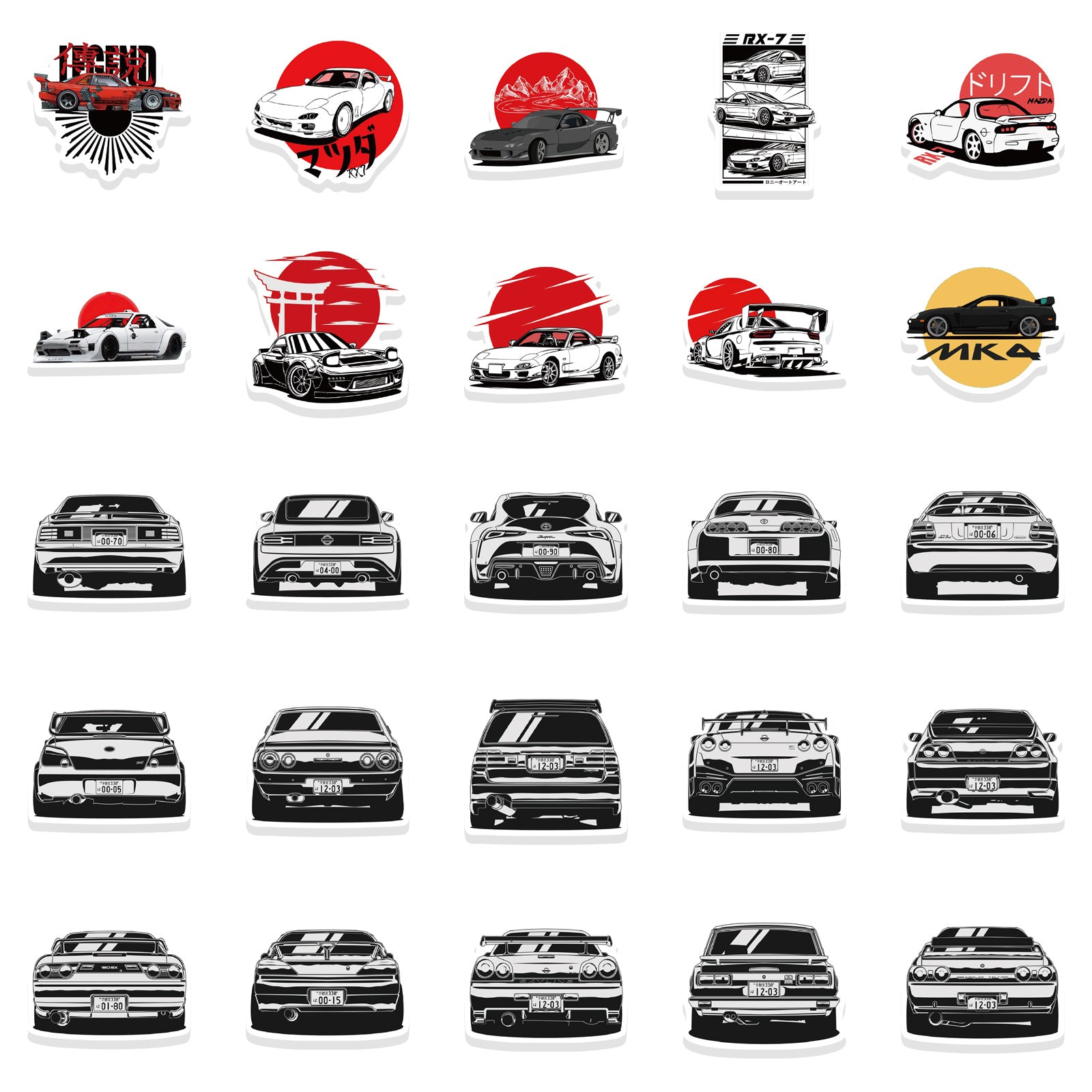 50pcs JDM Cartoon Car Stickers for Water Bottles Laptops Phone Cases