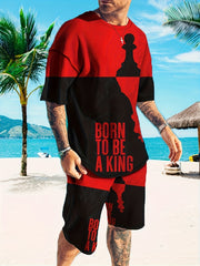 Men's King Print T shirt & Breathable Shorts Set For Outdoor