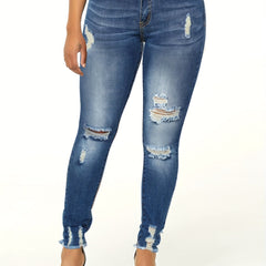 Casual Jeans Women's Plus Button Fly Ripped Slim Fit Denim