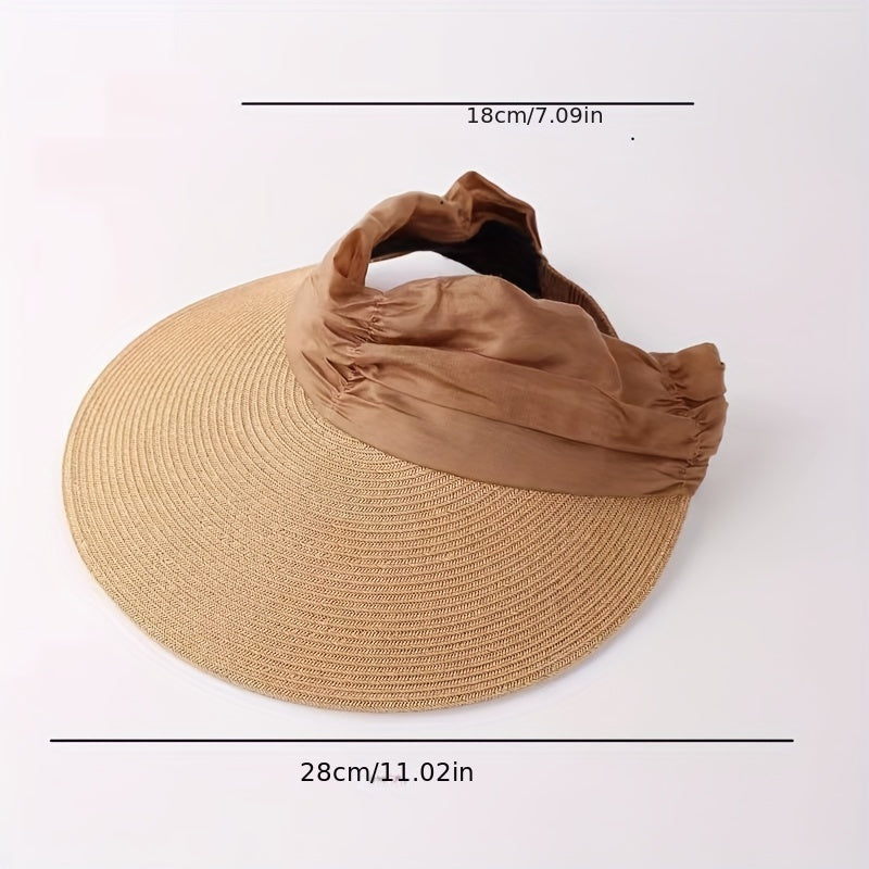 Ruched Headband Straw Visor Hat UV Protection Travel Beach Hat