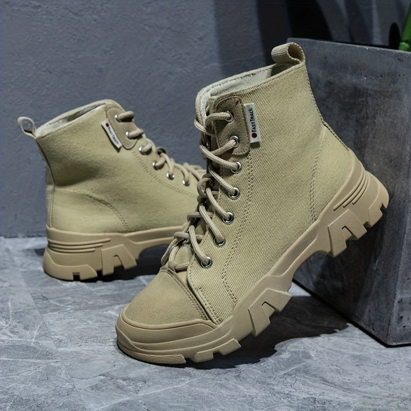 Women's Platform Combat Boots Lace Up Canvas Short Boots