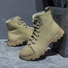 Women's Platform Combat Boots Lace Up Canvas Short Boots
