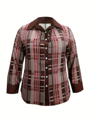 Women's Plus Plaid Print Button Up Long Sleeve Casual Blouse