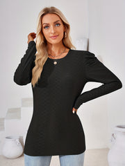 Solid Crew Neck T shirt Ruched Long Sleeve For Spring & Summer Women