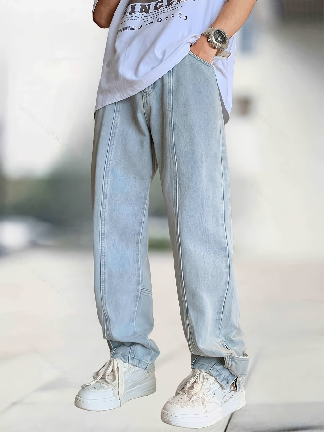 Classic Straight Leg Jeans Mens Casual Street Style Distressed Denim Pants