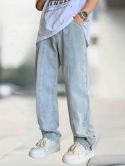 Classic Straight Leg Jeans Mens Casual Street Style Distressed Denim Pants