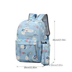Bear Print Large Capacity Preppy Backpack Pencil Case Pendant Set