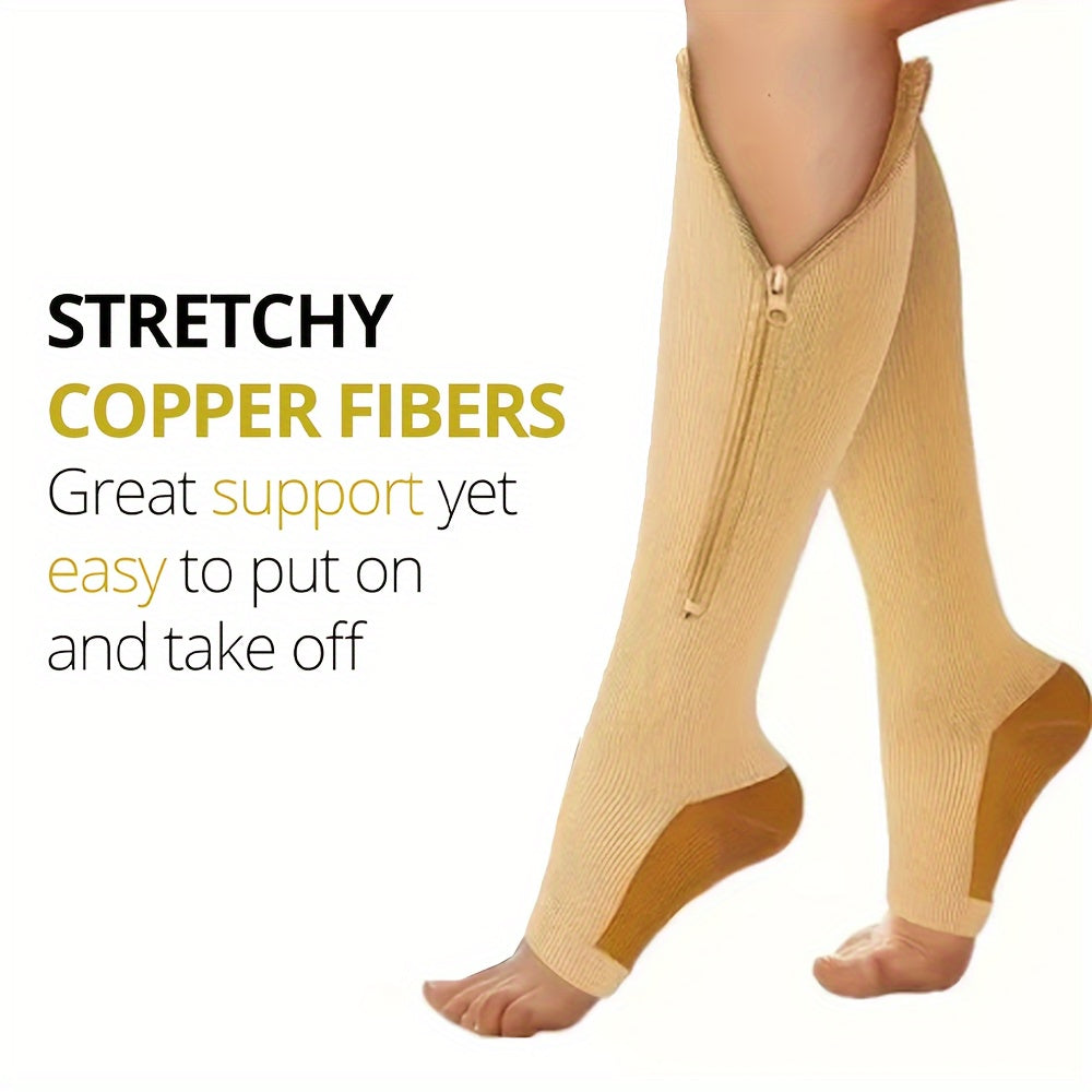 Copper Compression Socks 15-20 mmHg Knee High - Open Toe Zipper - Men & Women