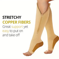 Copper Compression Socks 15-20 mmHg Knee High - Open Toe Zipper - Men & Women