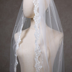 Lace Bridal Veil with Faux Pearl Accents for Weddings